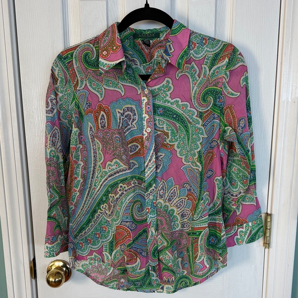 Lauren Ralph Lauren Pink and Green cotton Paisley Shirt Petite Medium